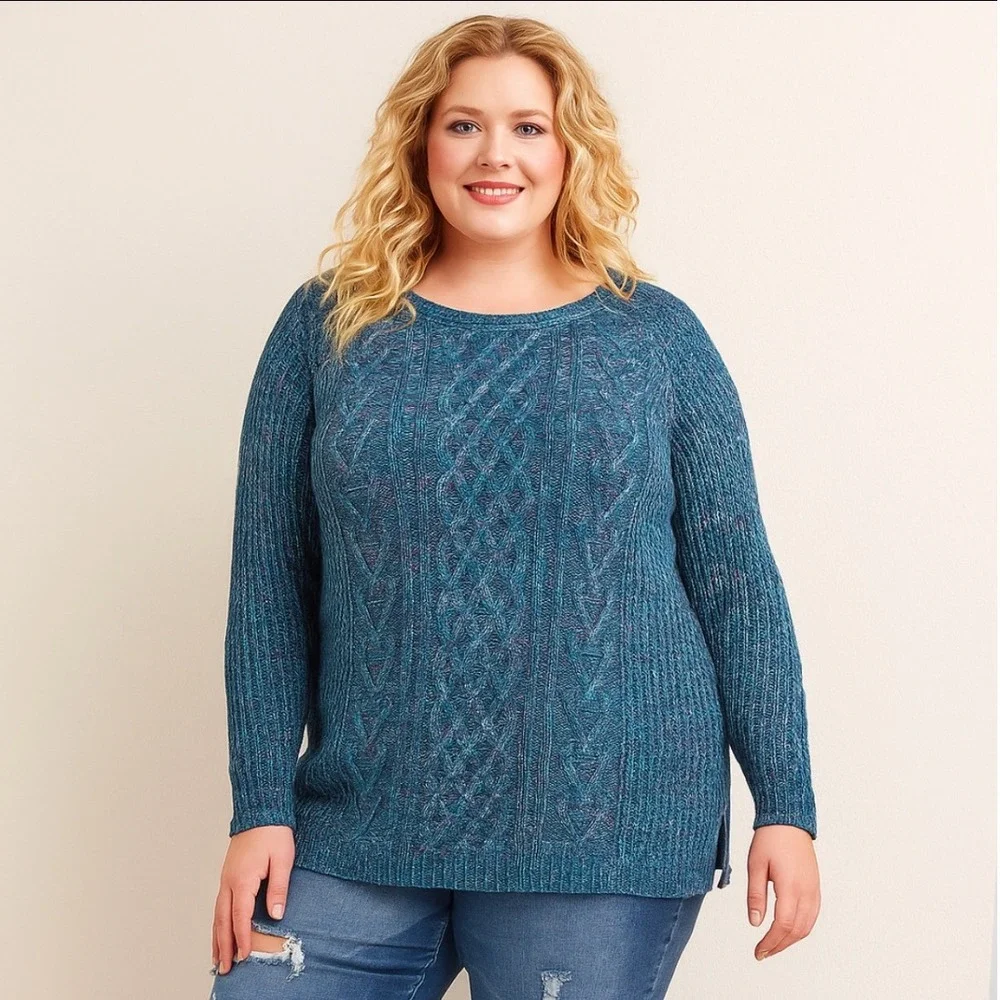 Faded Glory Womens SZ XXL (20) Cable Knit Sweater Antique Teal Blue Cotton Blend